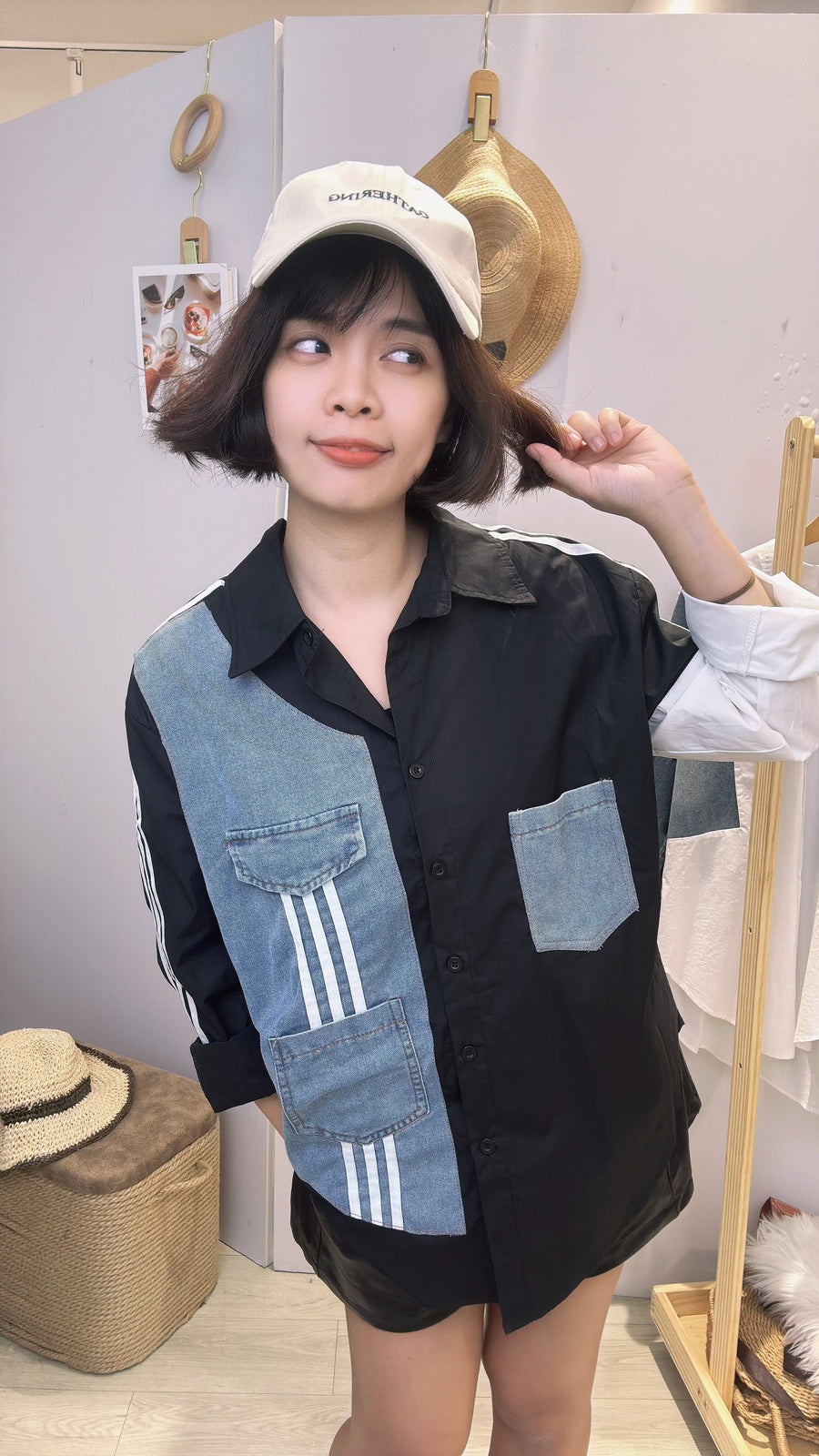 帅气牛仔并衬衫假两件上衣