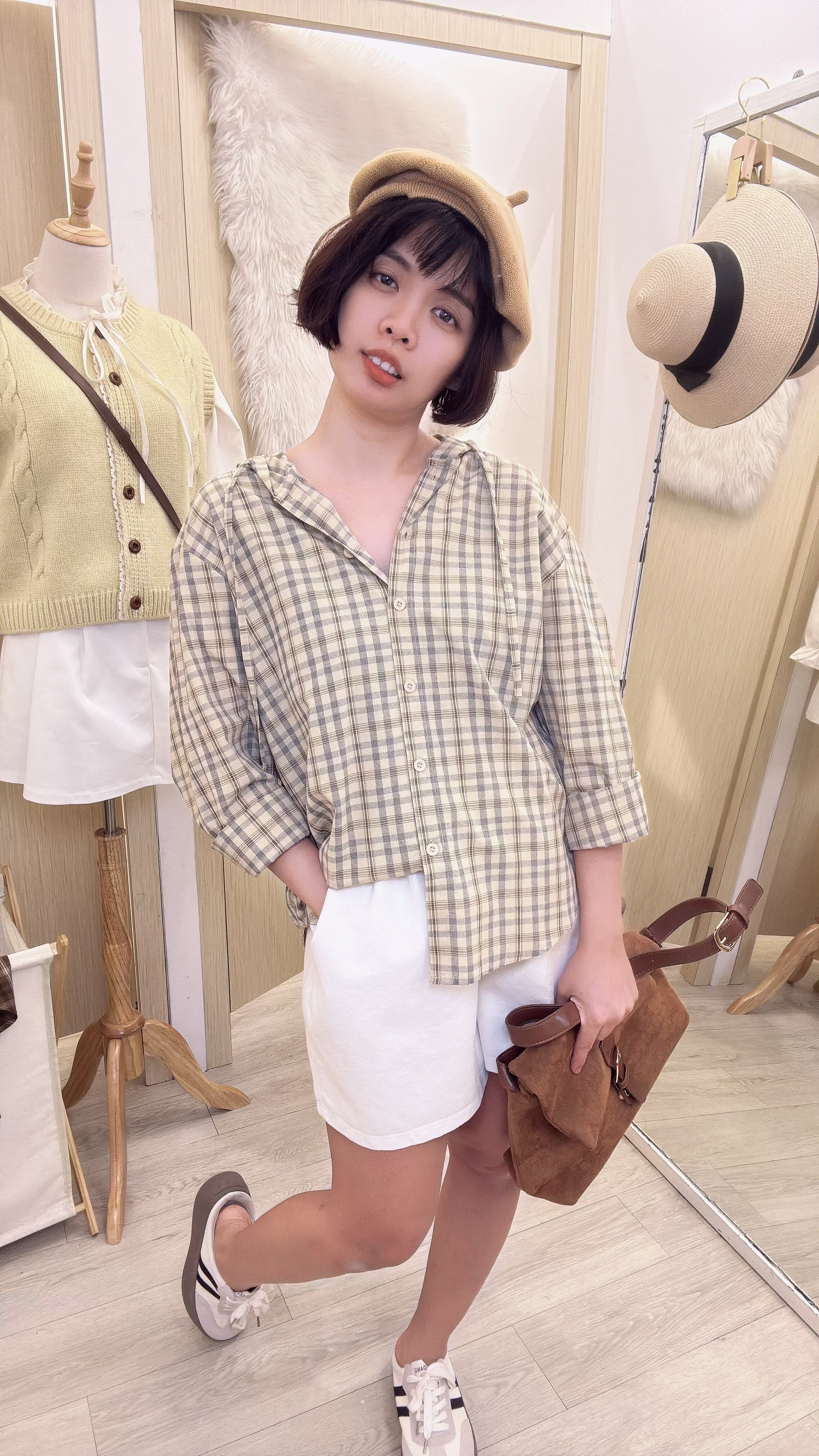 薄格子连帽衬衫上衣