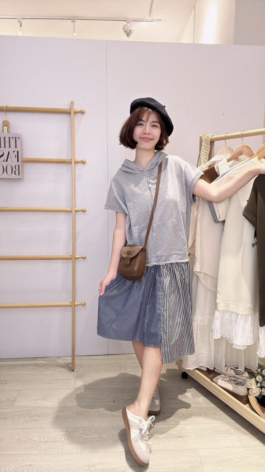 连帽Cotton并接线条衬衫连身裙