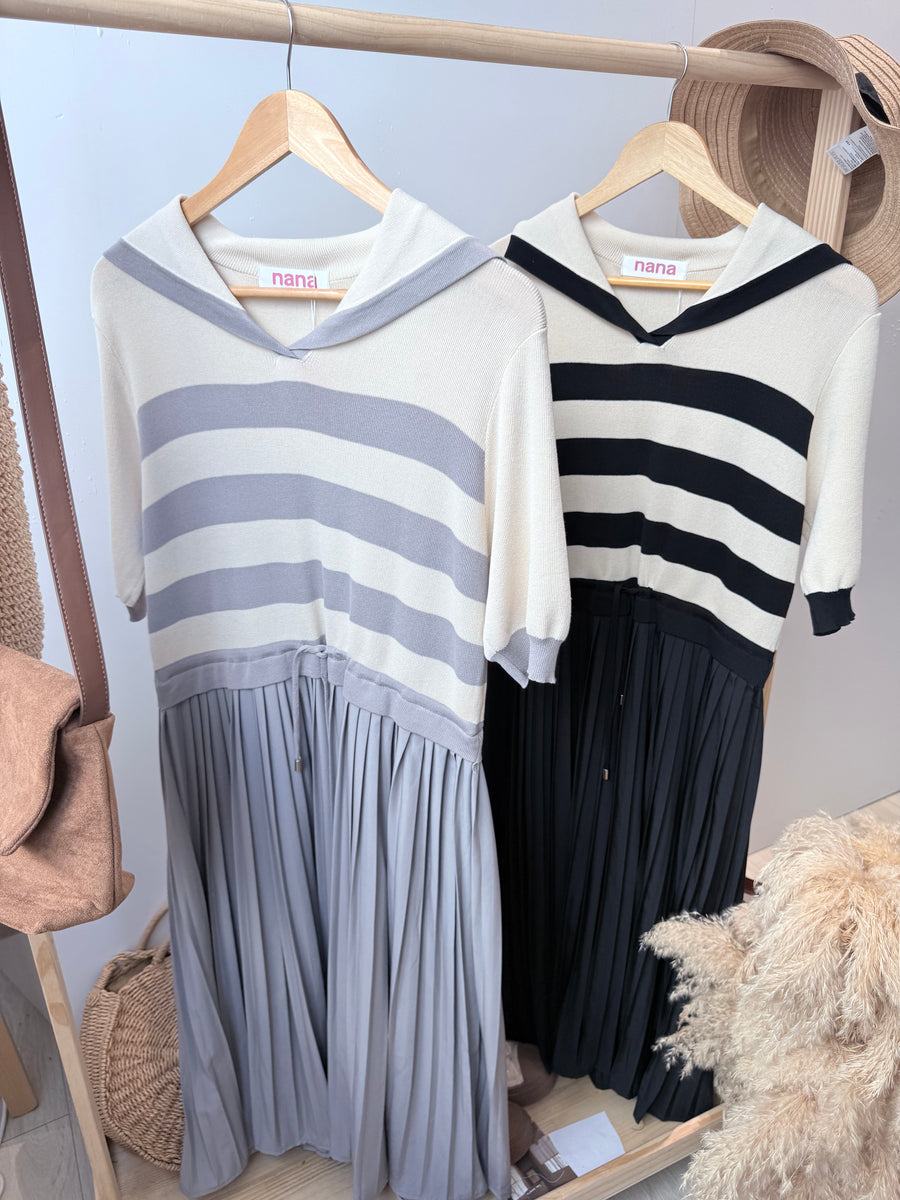 线条针织并接雪纺百折连身裙