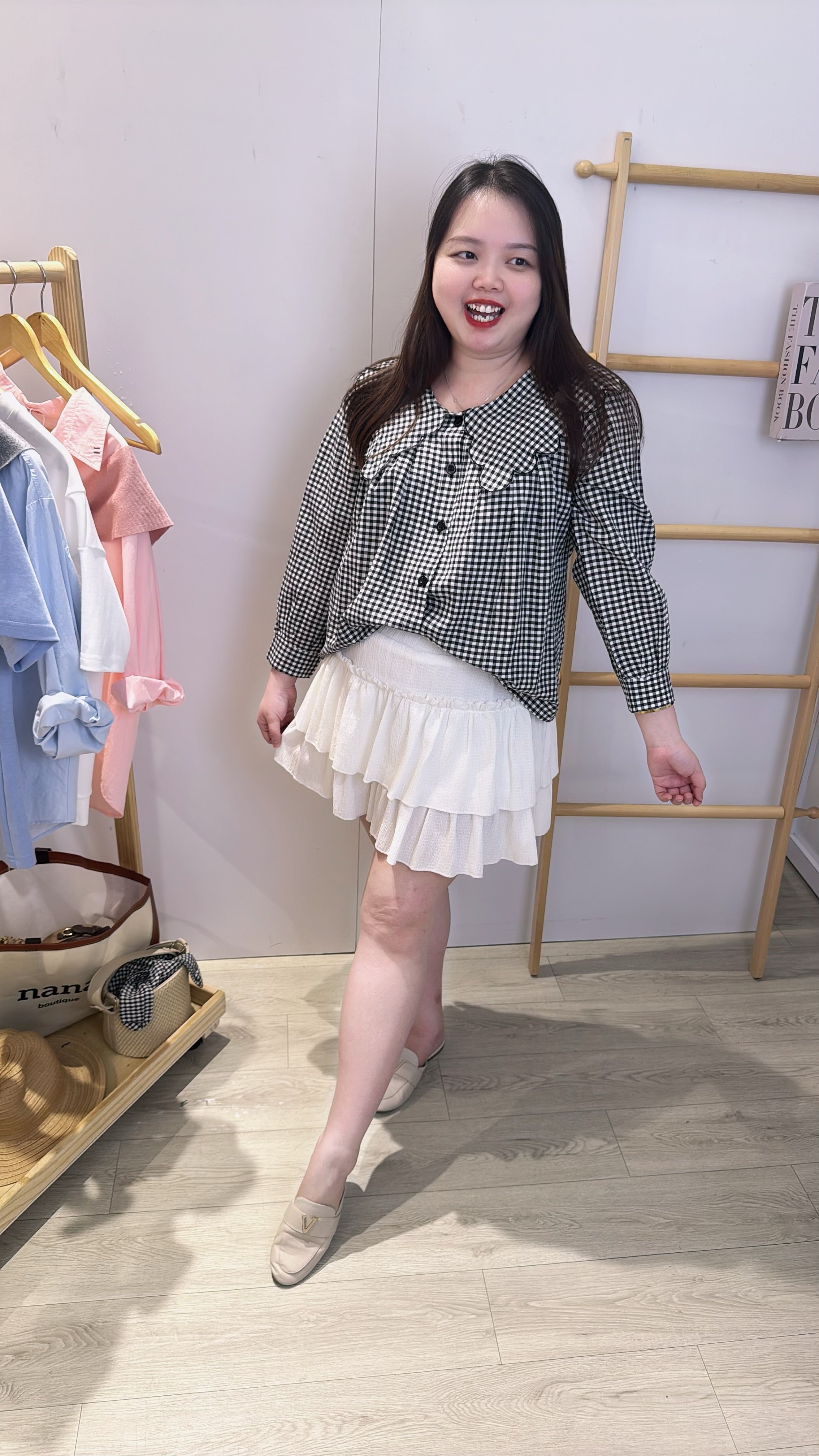 荷叶领格子麻料上衣