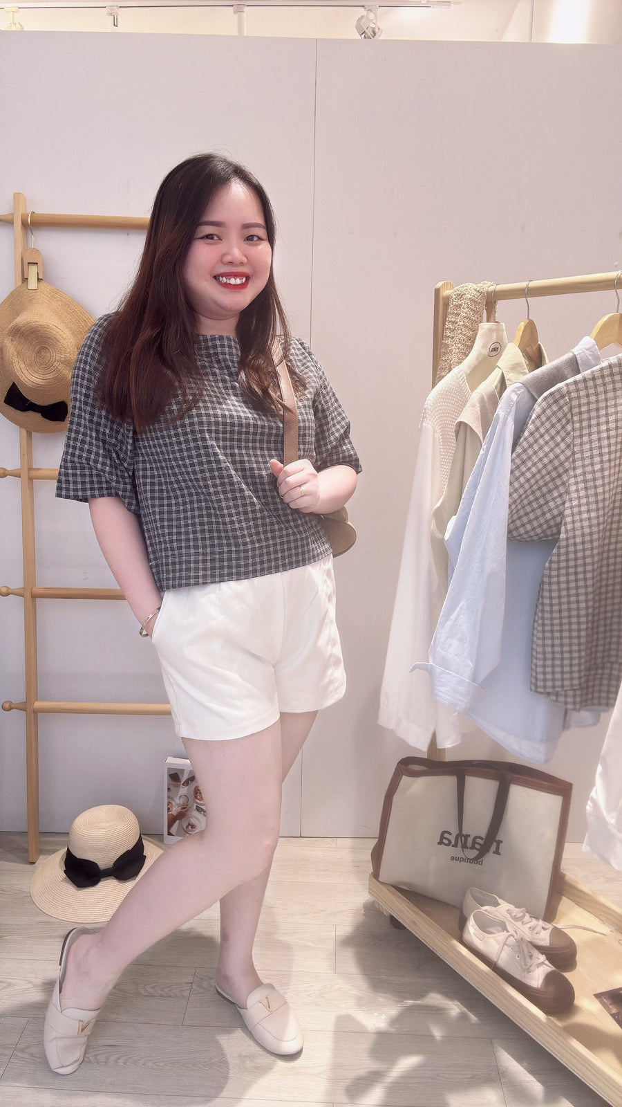 格子软麻宽松上衣