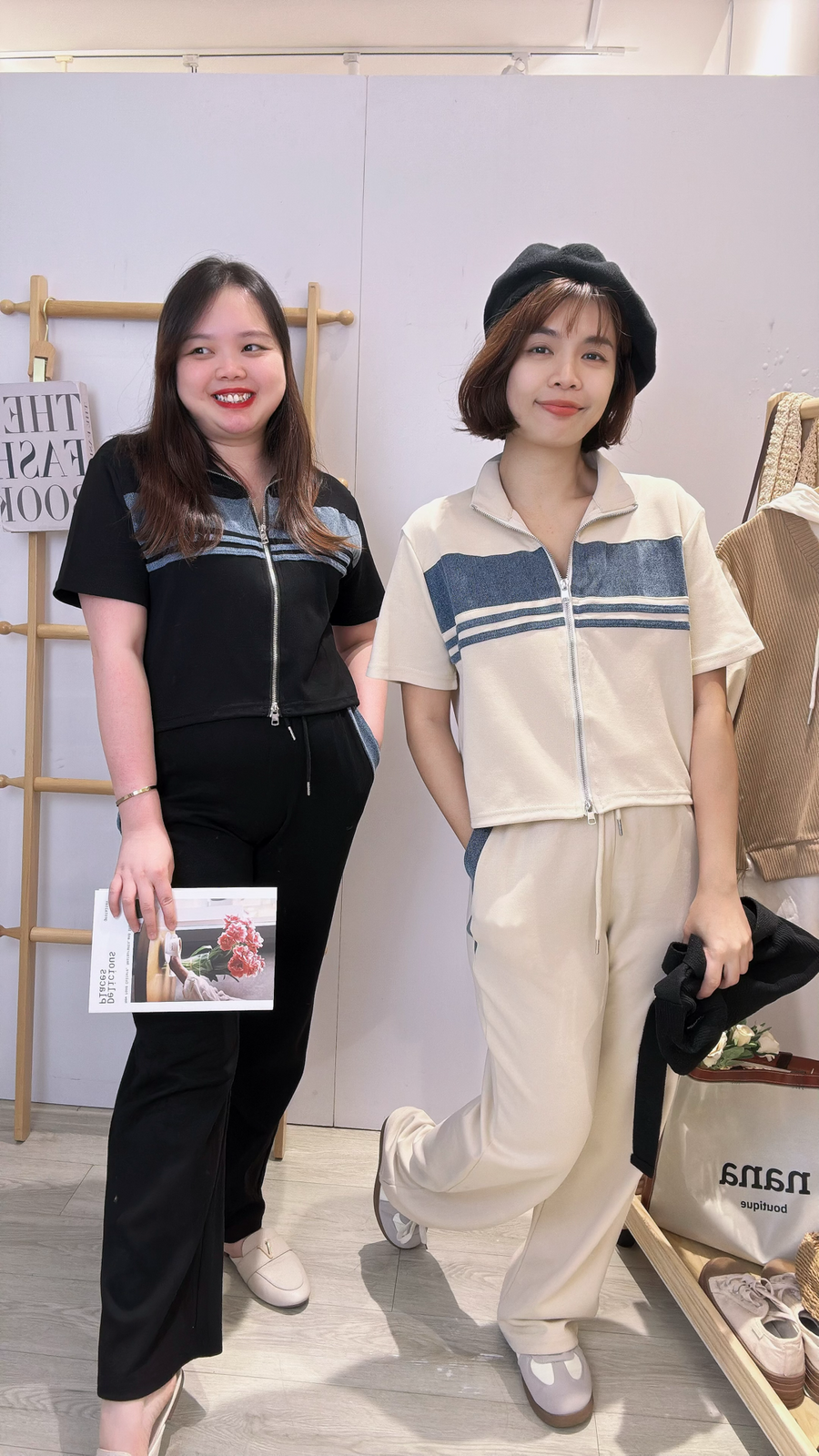 Cotton并牛仔边舒服长裤显腿长套装