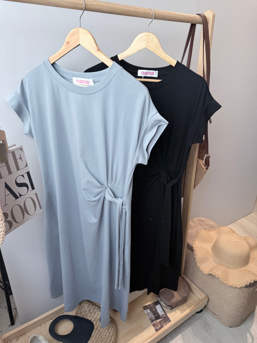 皱褶绑带棉质长连身裙