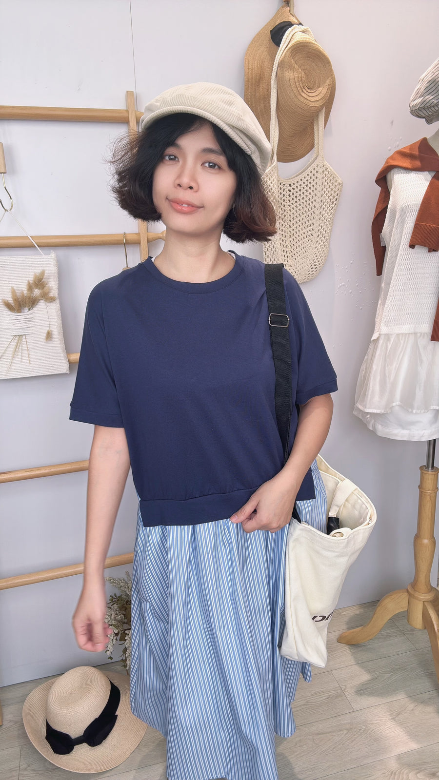 假两件条纹并接连身裙