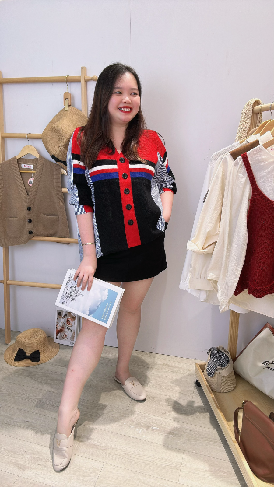 漂亮宽松针织并接衬衫上衣