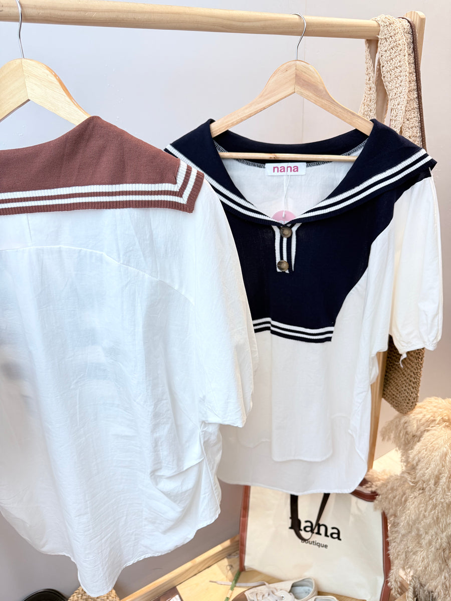 水手风冰丝针织并接薄雪纺上衣