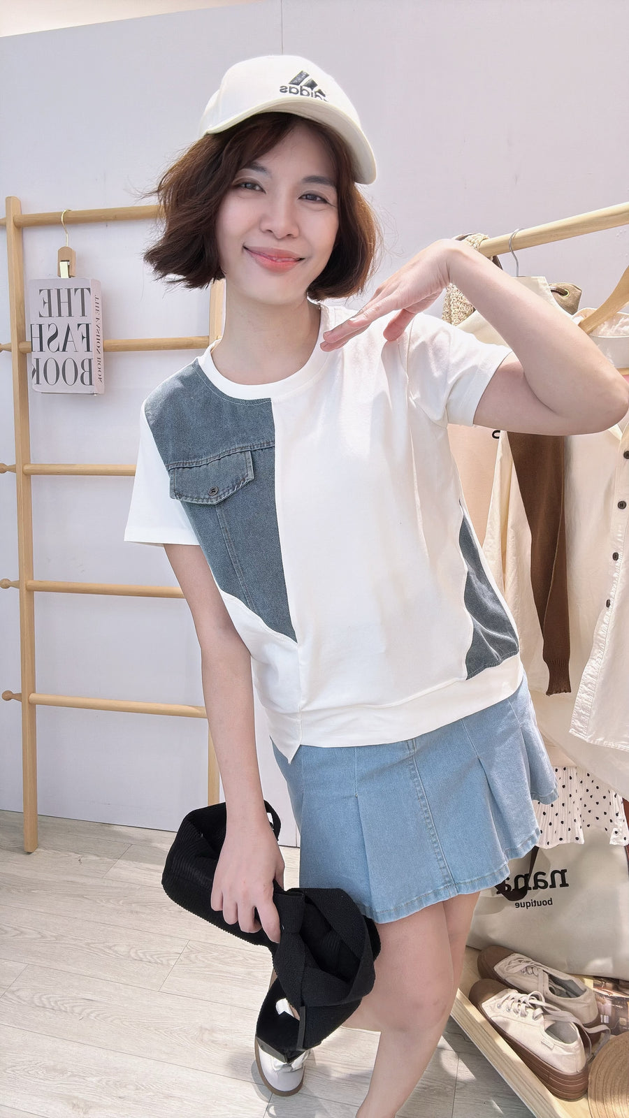 不规则棉质并接牛仔上衣