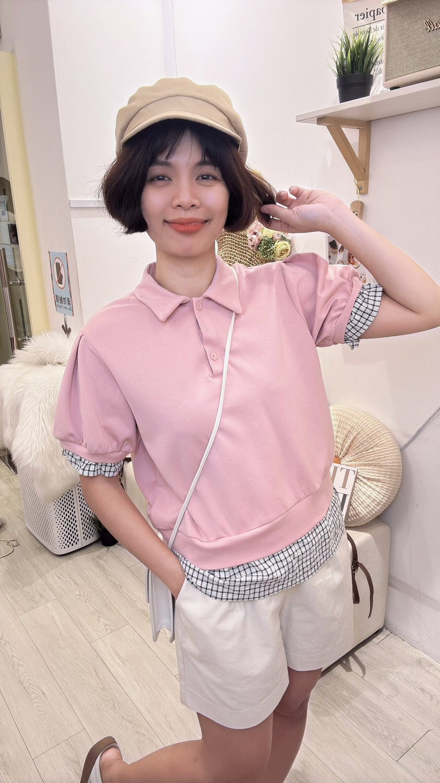 甜美滑滑棉质并接格子棉麻上衣