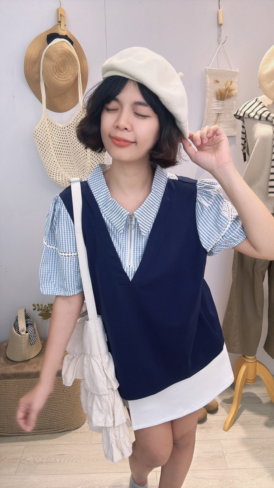 独家滑滑复古假两件格纹并接上衣