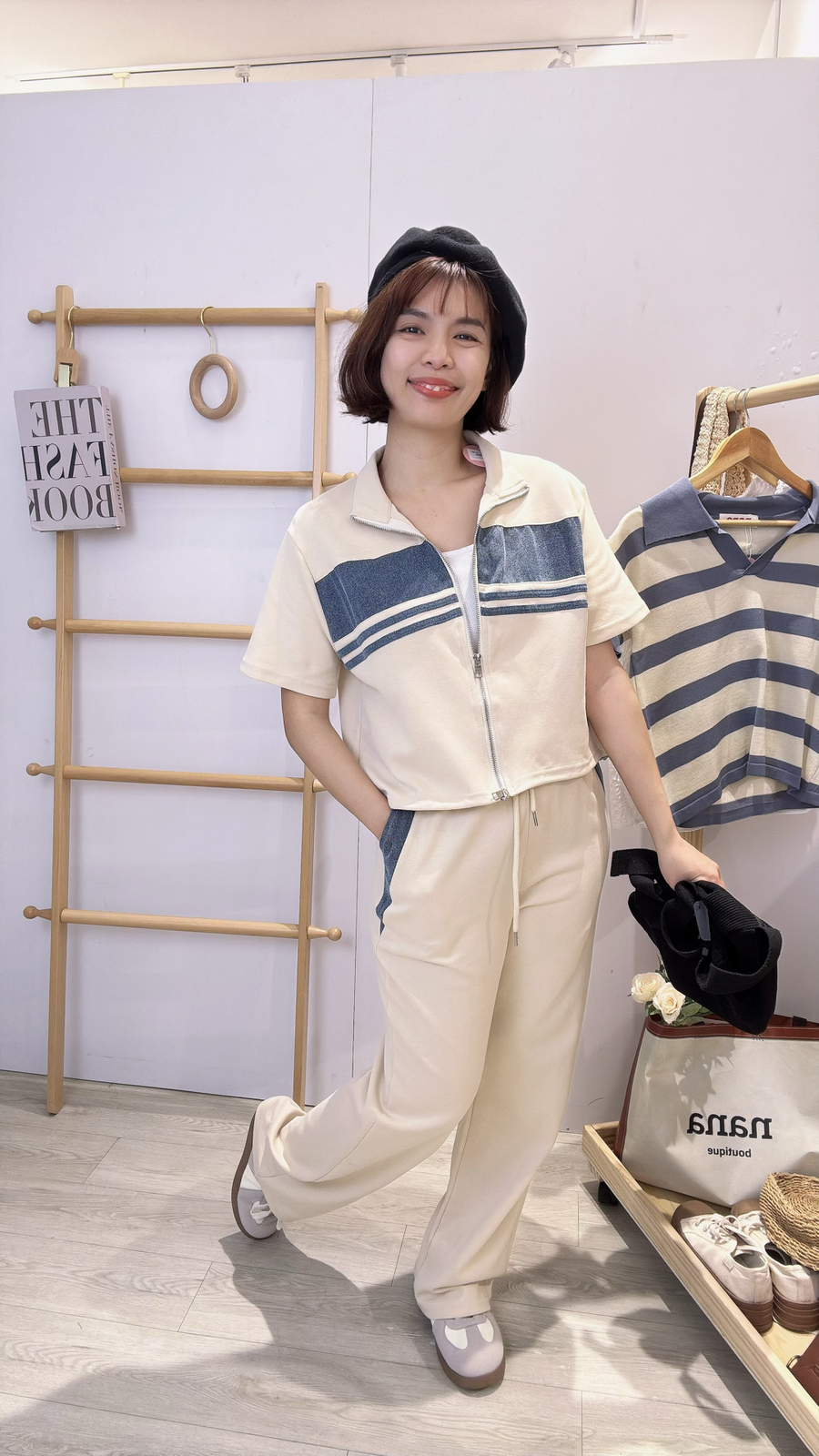 Cotton并牛仔边舒服长裤显腿长套装