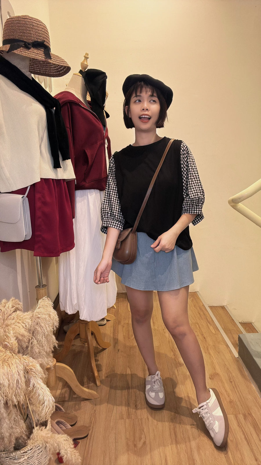 cotton并接格子上衣
