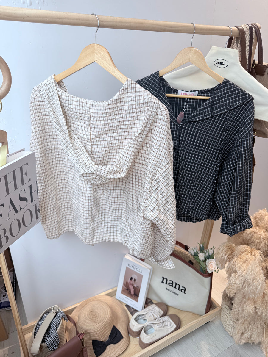 独家格子连帽薄雪纺衬衫