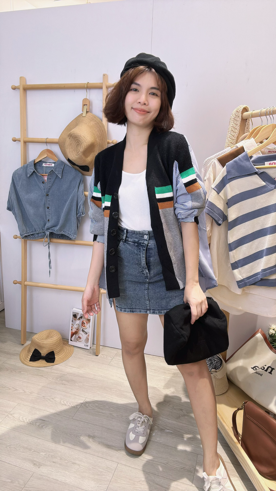 漂亮宽松针织并接衬衫上衣