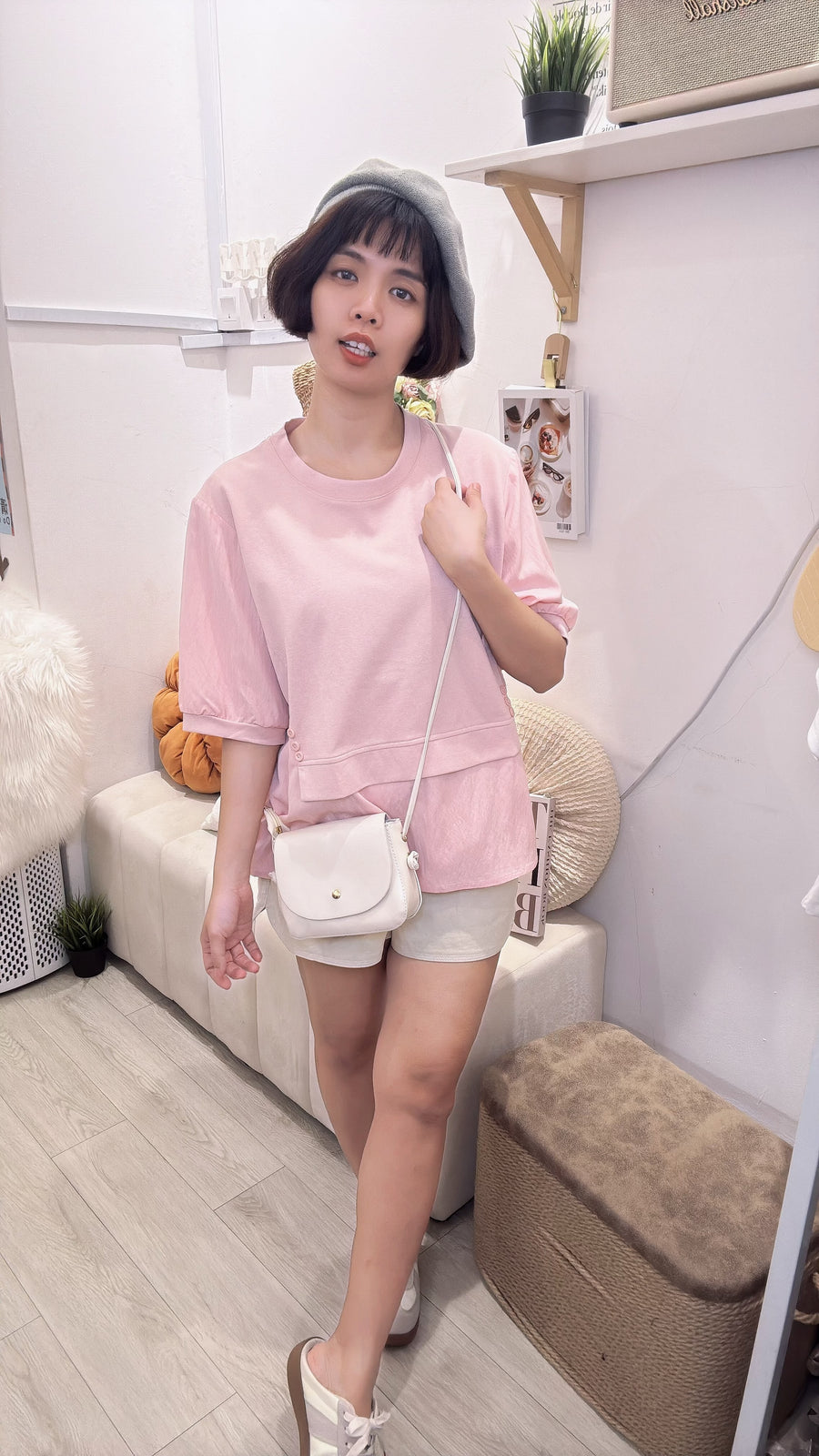 甜美宽松Cotton拼软polyester上衣