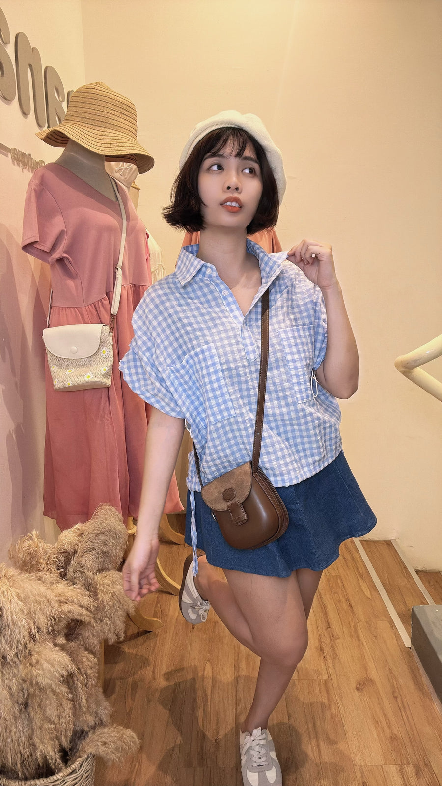 甜美格子薄款棉麻上衣