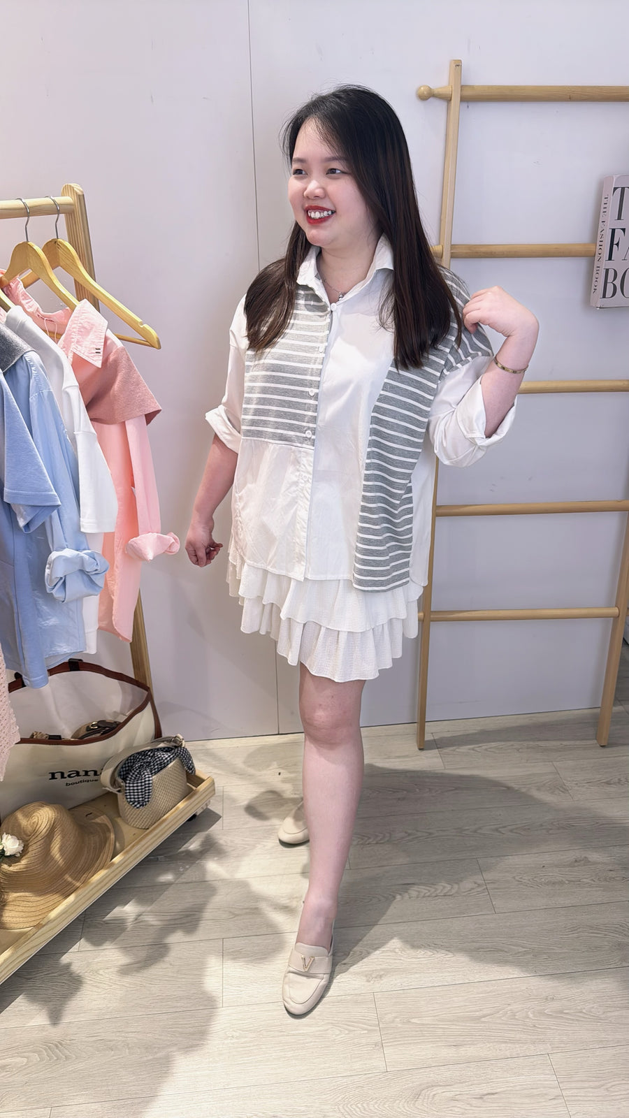 撞色并接线条长衬衫