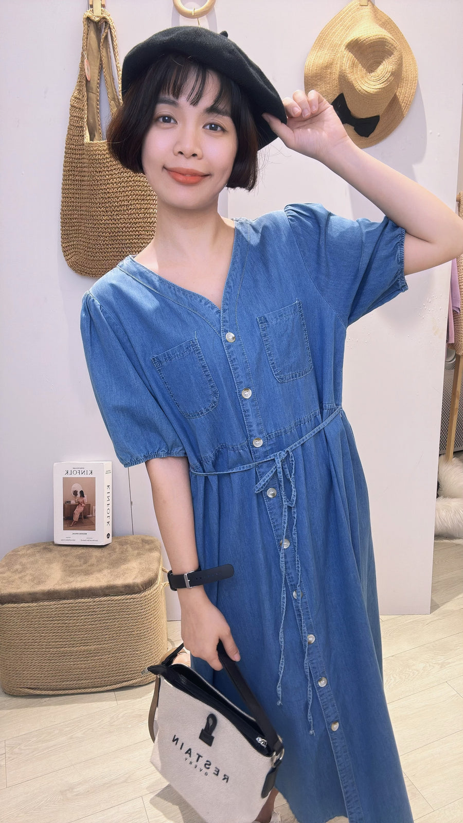 牛仔绑带直长裙