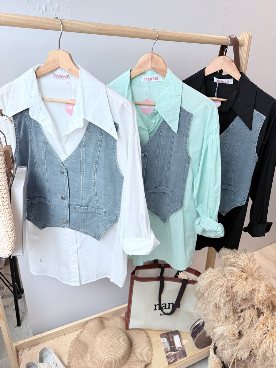 帅气显瘦瘦假马甲牛仔并接衬衫