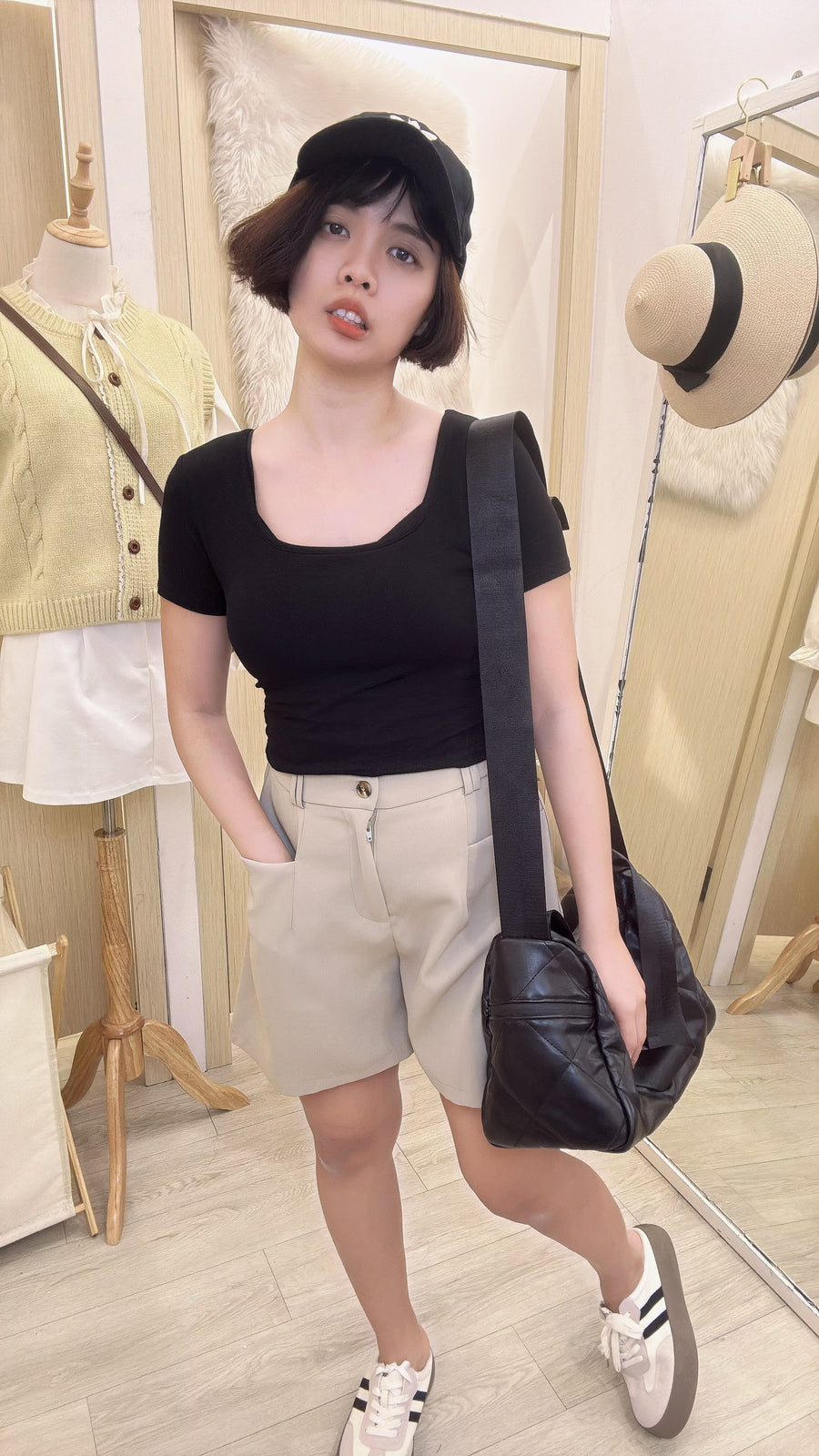 西装松紧腰高腰四分裤