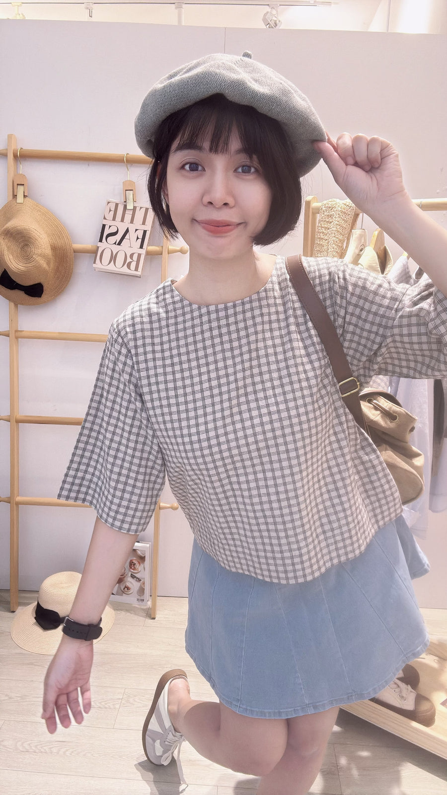 格子软麻宽松上衣