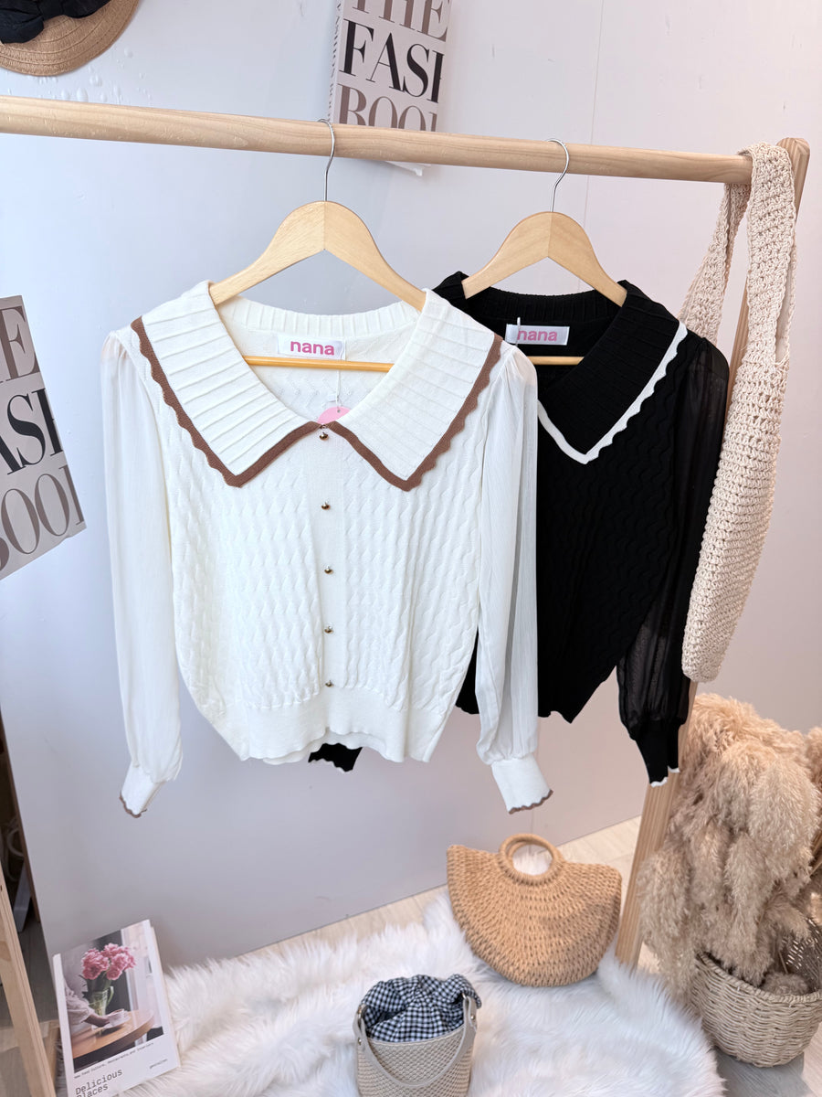 小香风针织长袖雪纺假钮上衣