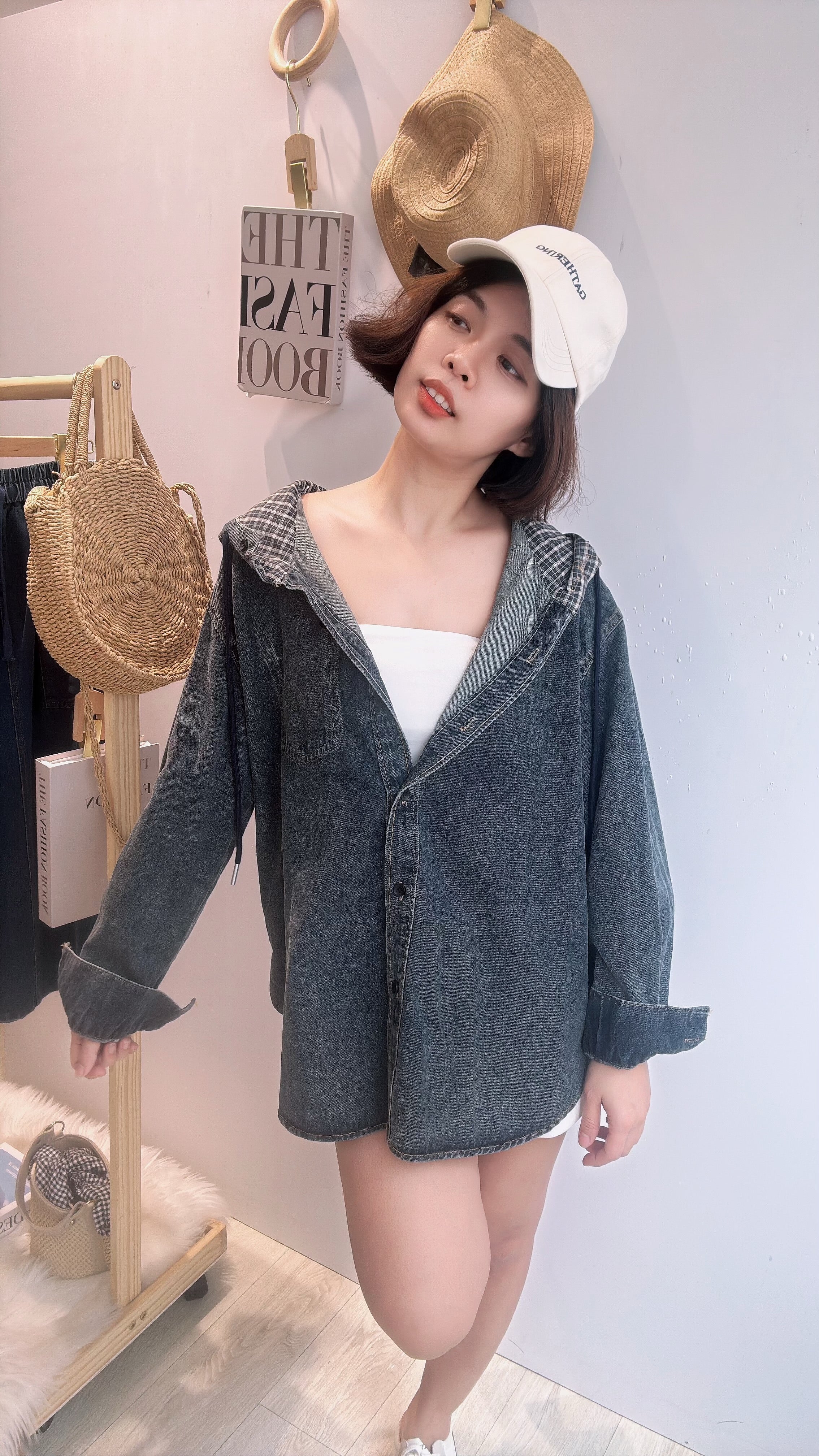 大推🤎帅气牛仔连帽半长外套