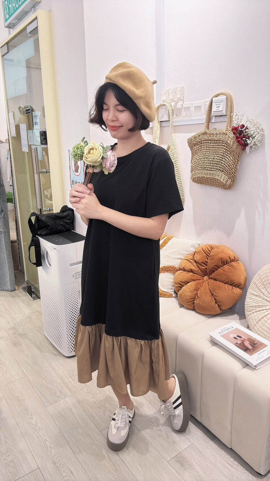 Cotton并接鱼尾雪纺连身裙