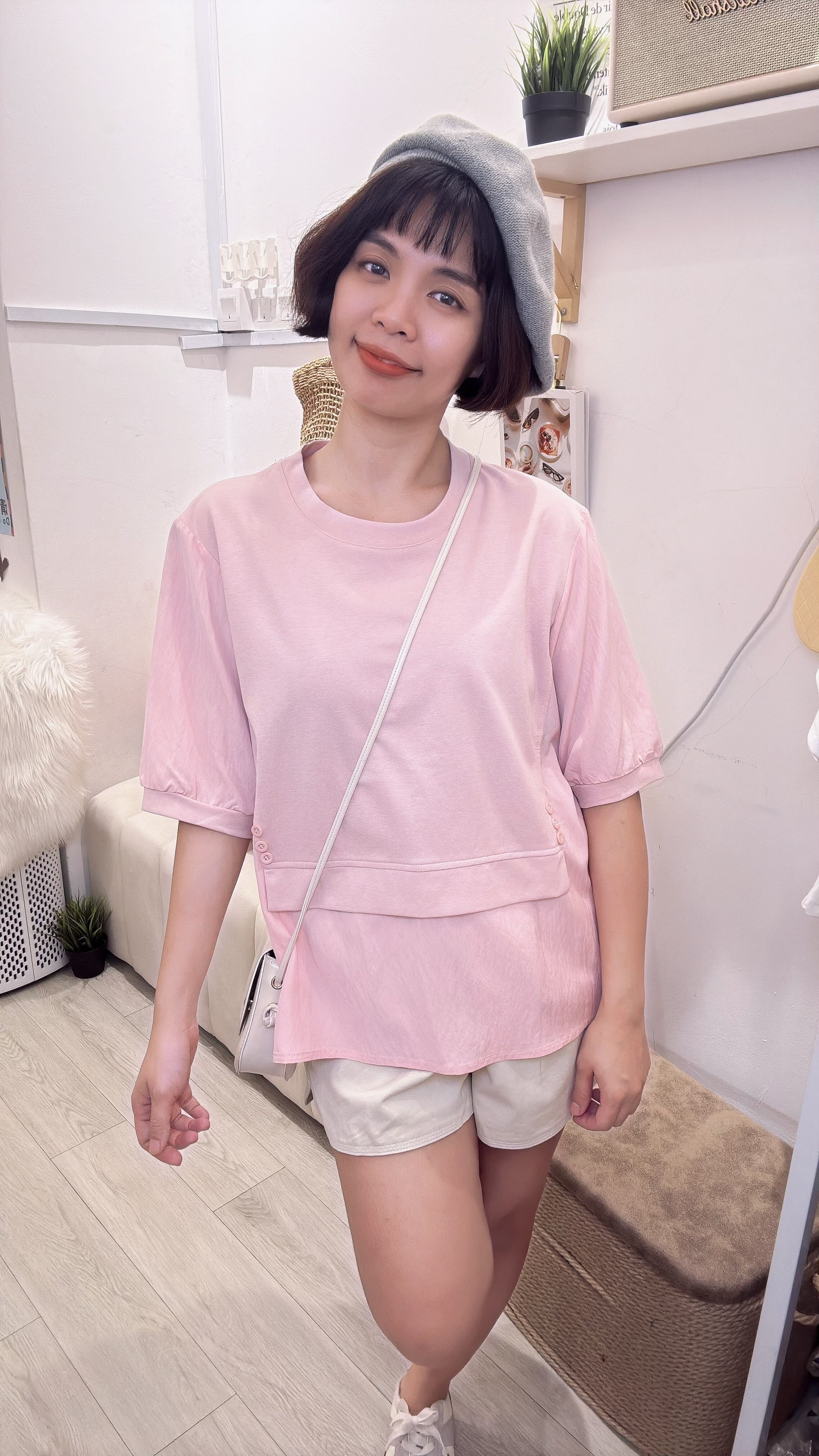甜美宽松Cotton拼软polyester上衣