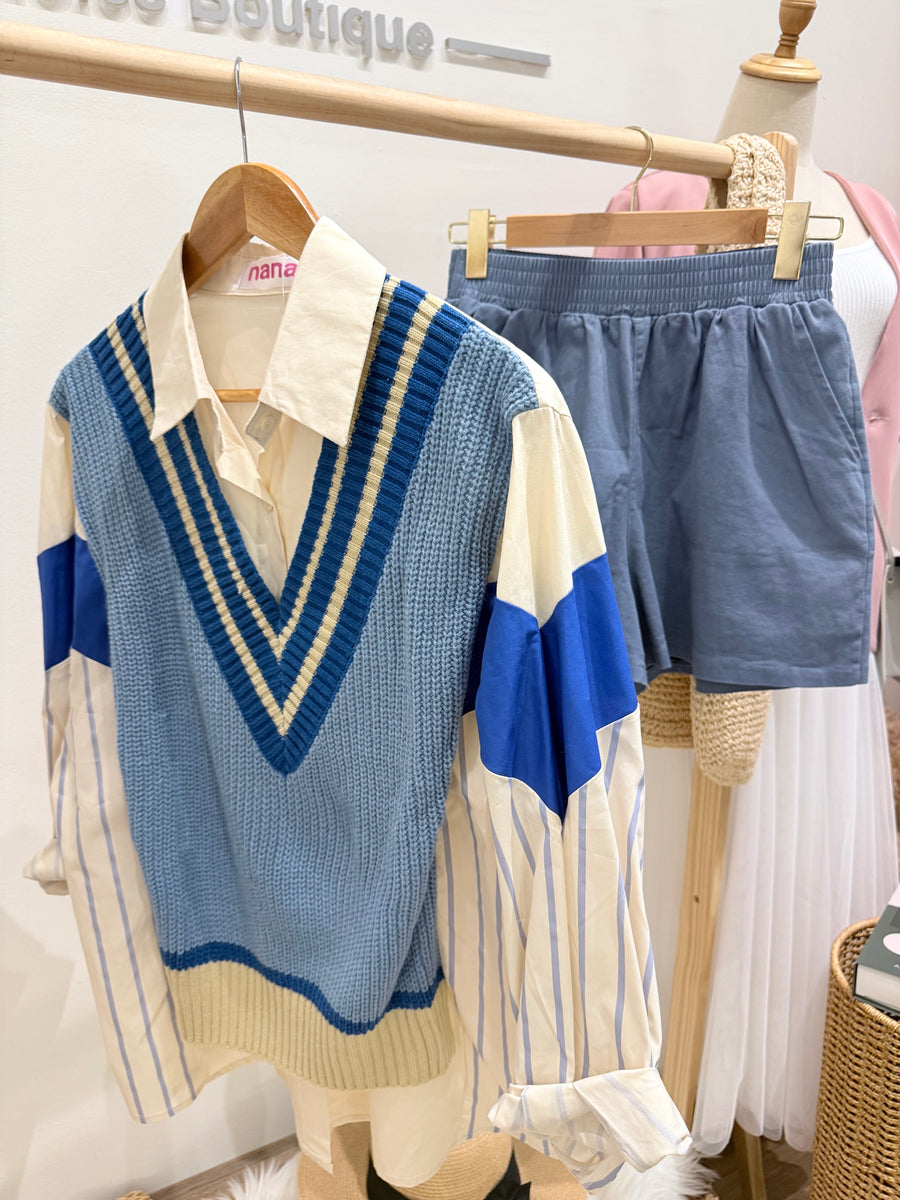 蓝色并接韩版宽松舒服上衣