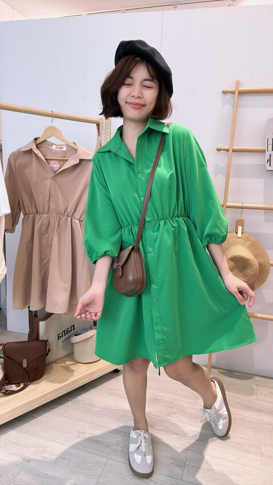 雪纺泡泡收腰袖连身裙