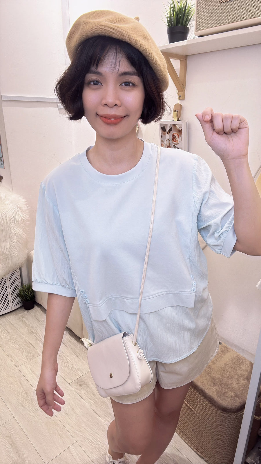 甜美宽松Cotton拼软polyester上衣
