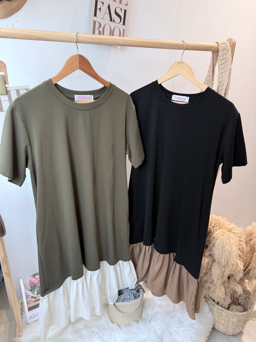 Cotton并接鱼尾雪纺连身裙