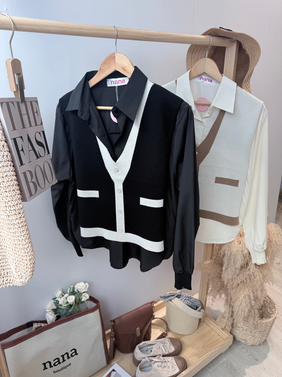 雪纺并冰丝针织假两件上衣