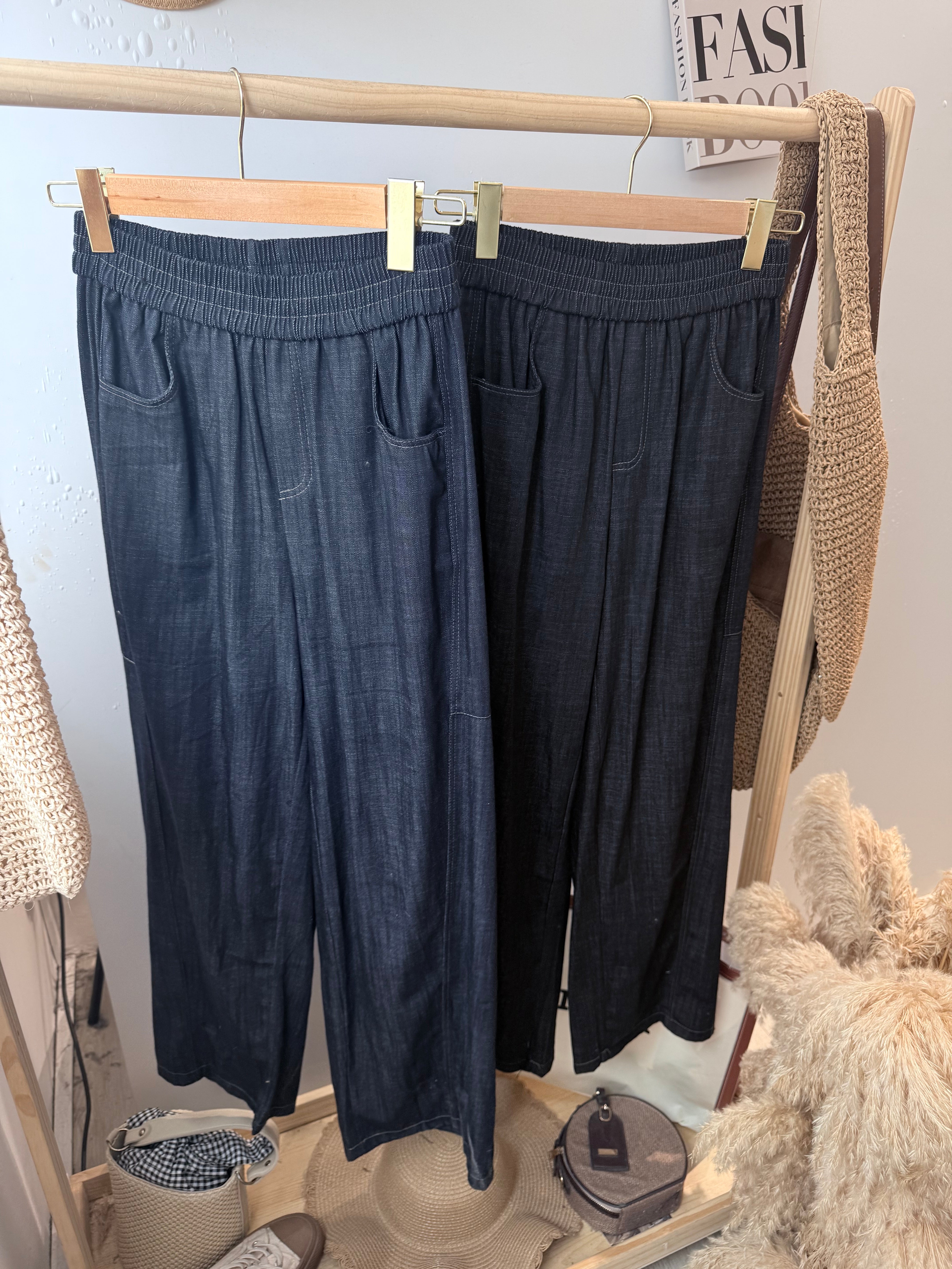 松紧腰拖地软薄牛仔长裤