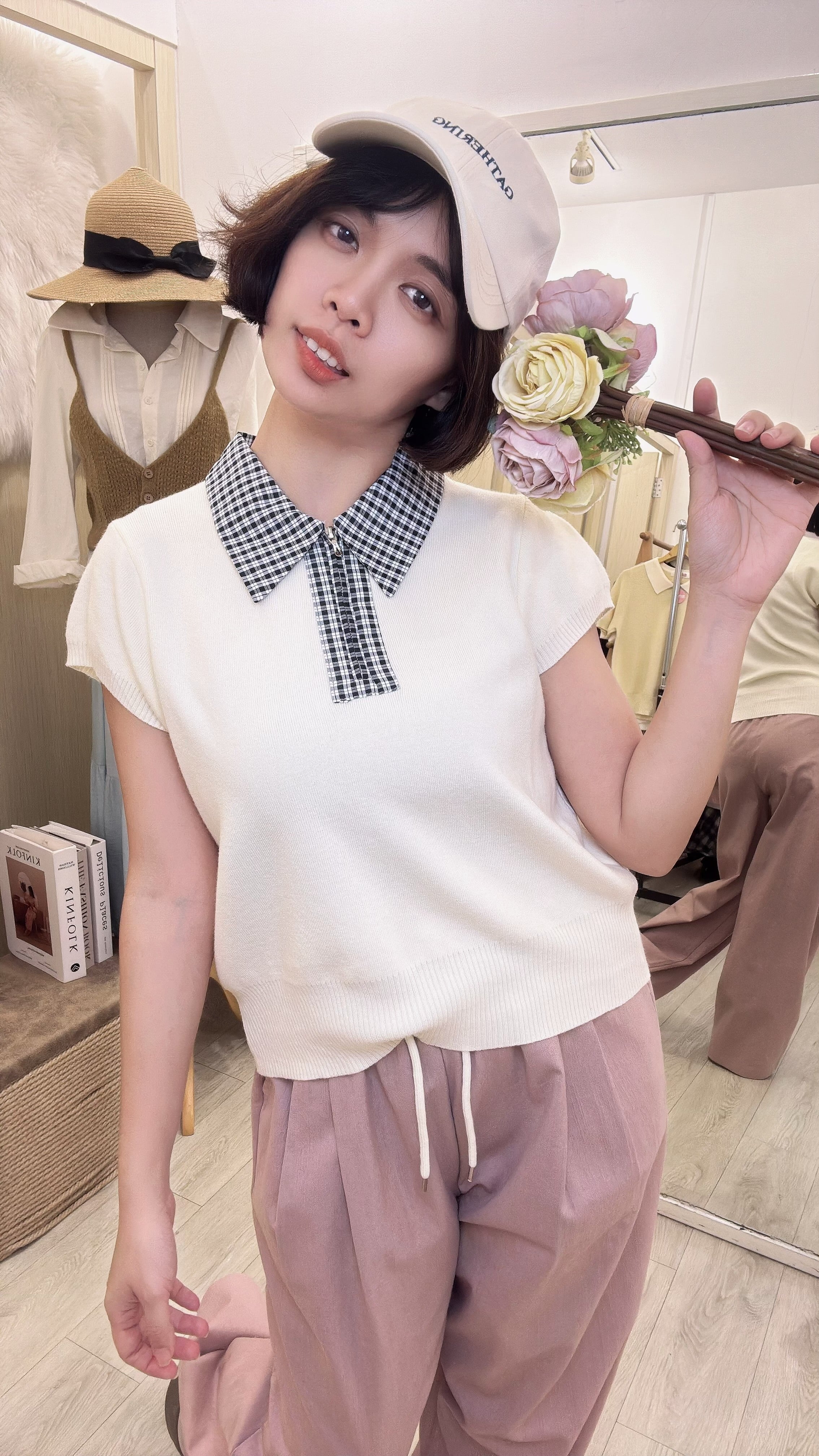 格子polo领针织软软舒服上衣