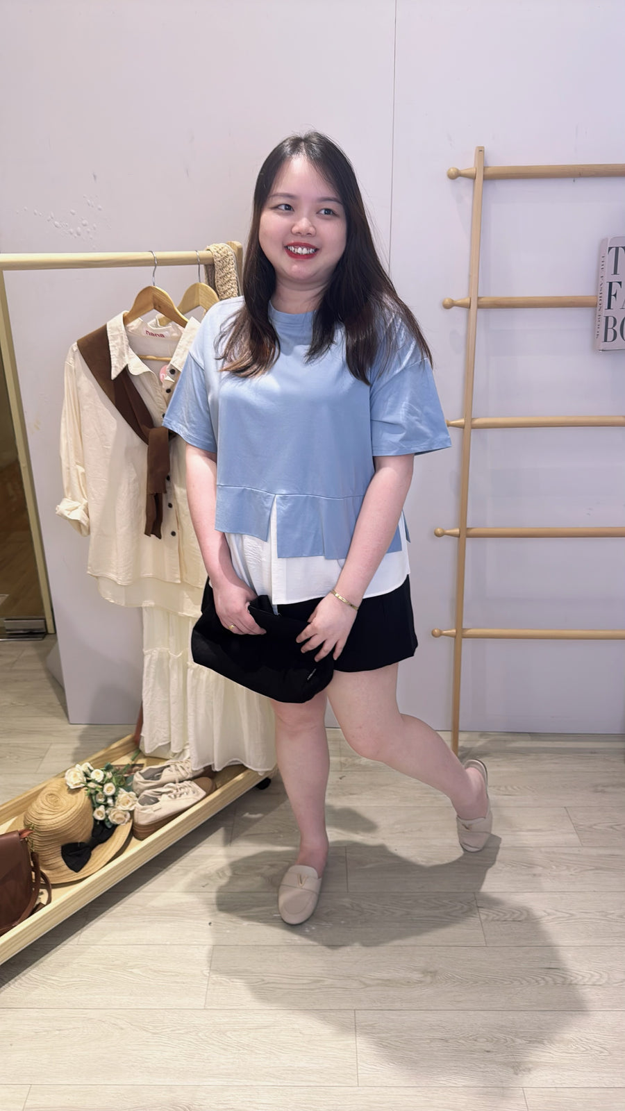 棉质下摆雪纺上衣