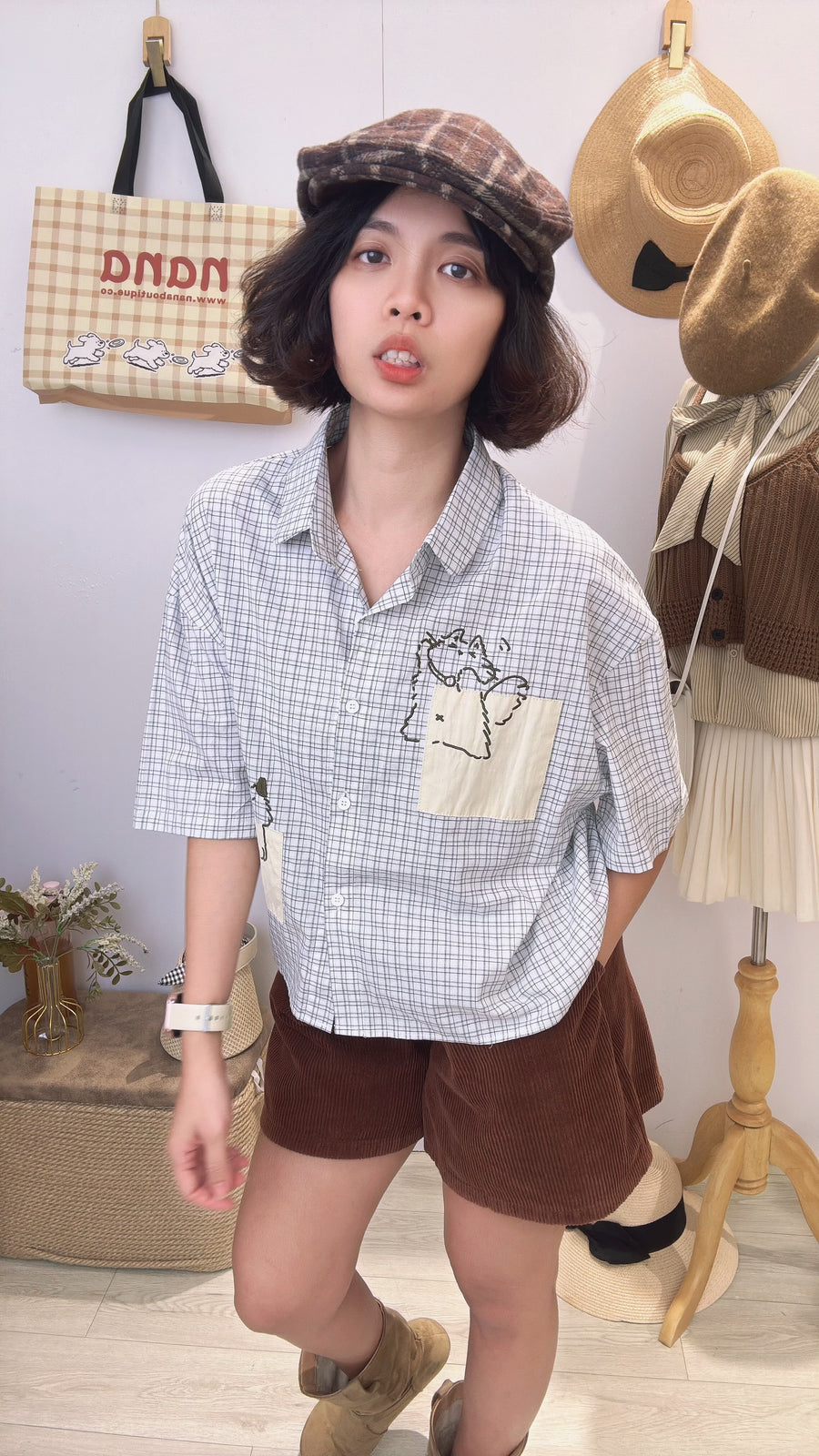 可爱软麻宽松格子猫咪上衣