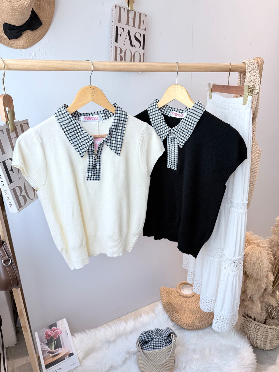 格子polo领针织软软舒服上衣