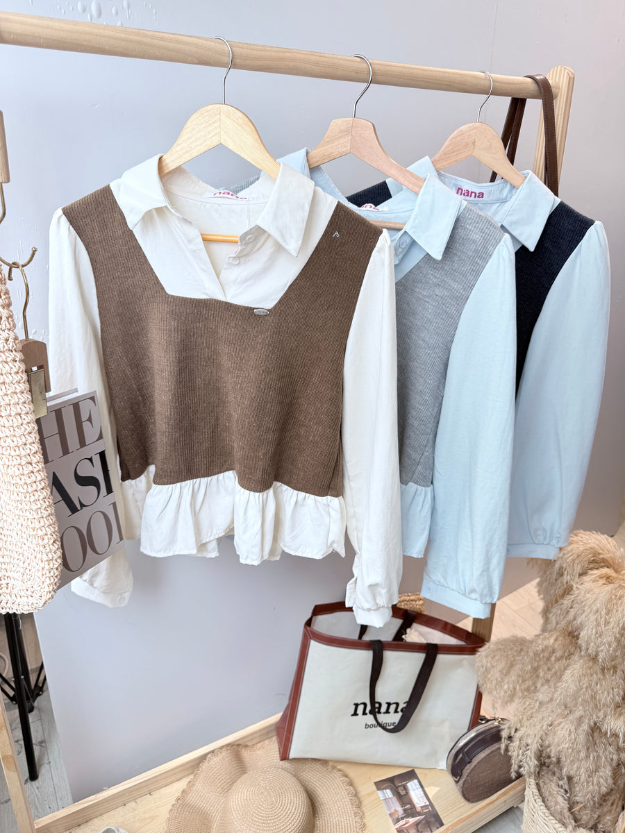 韩版漂亮滑雪纺并中间针织上衣