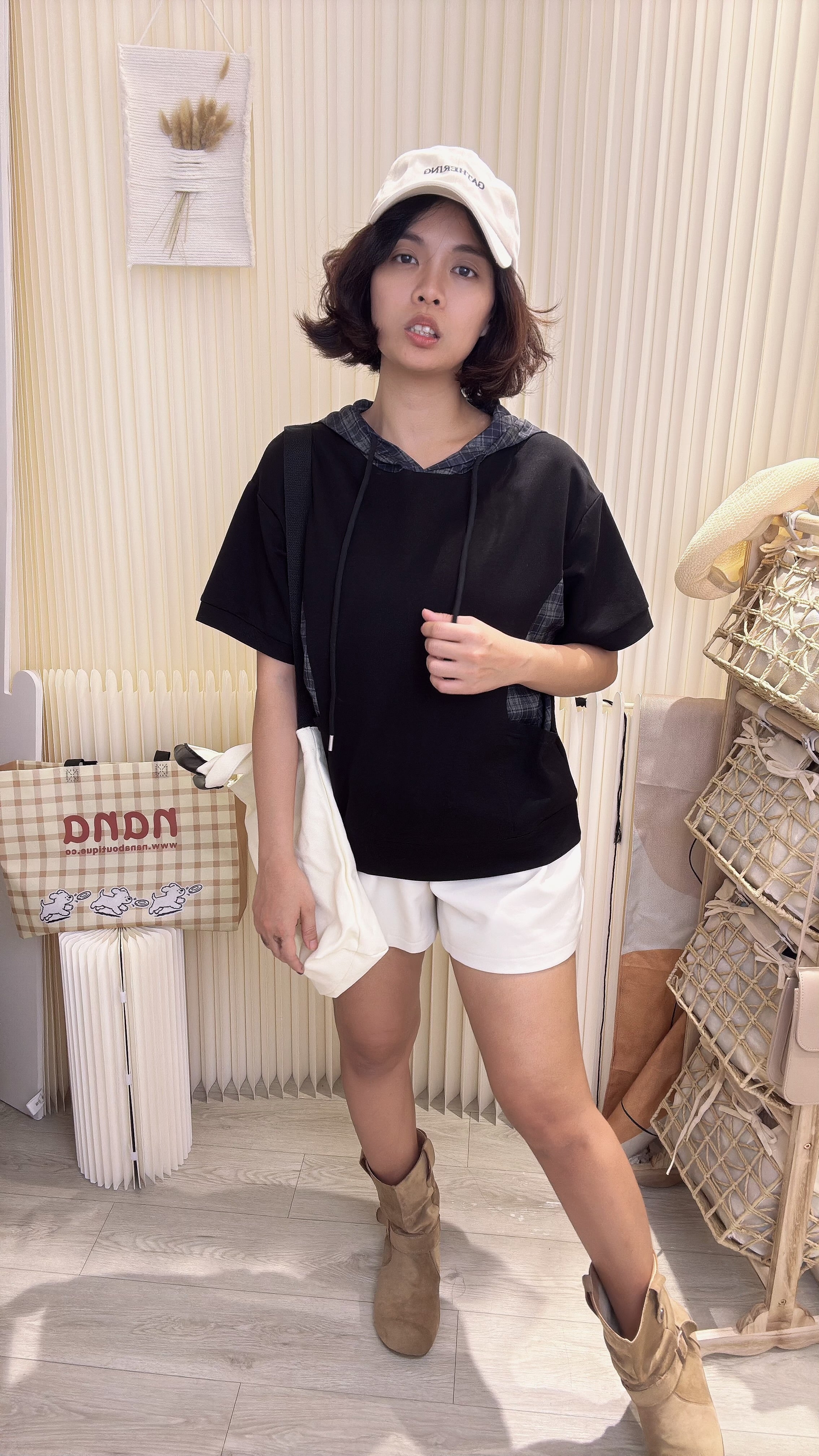 韩版好好看舒服格子连帽纯棉肩上衣