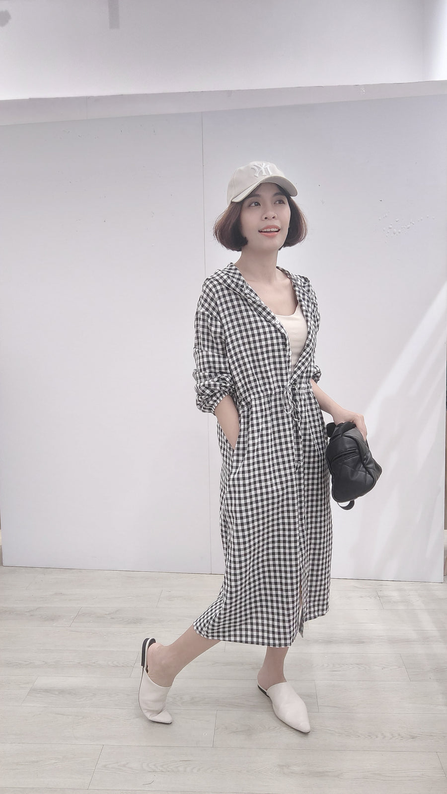 麻连帽格子收腰套裙