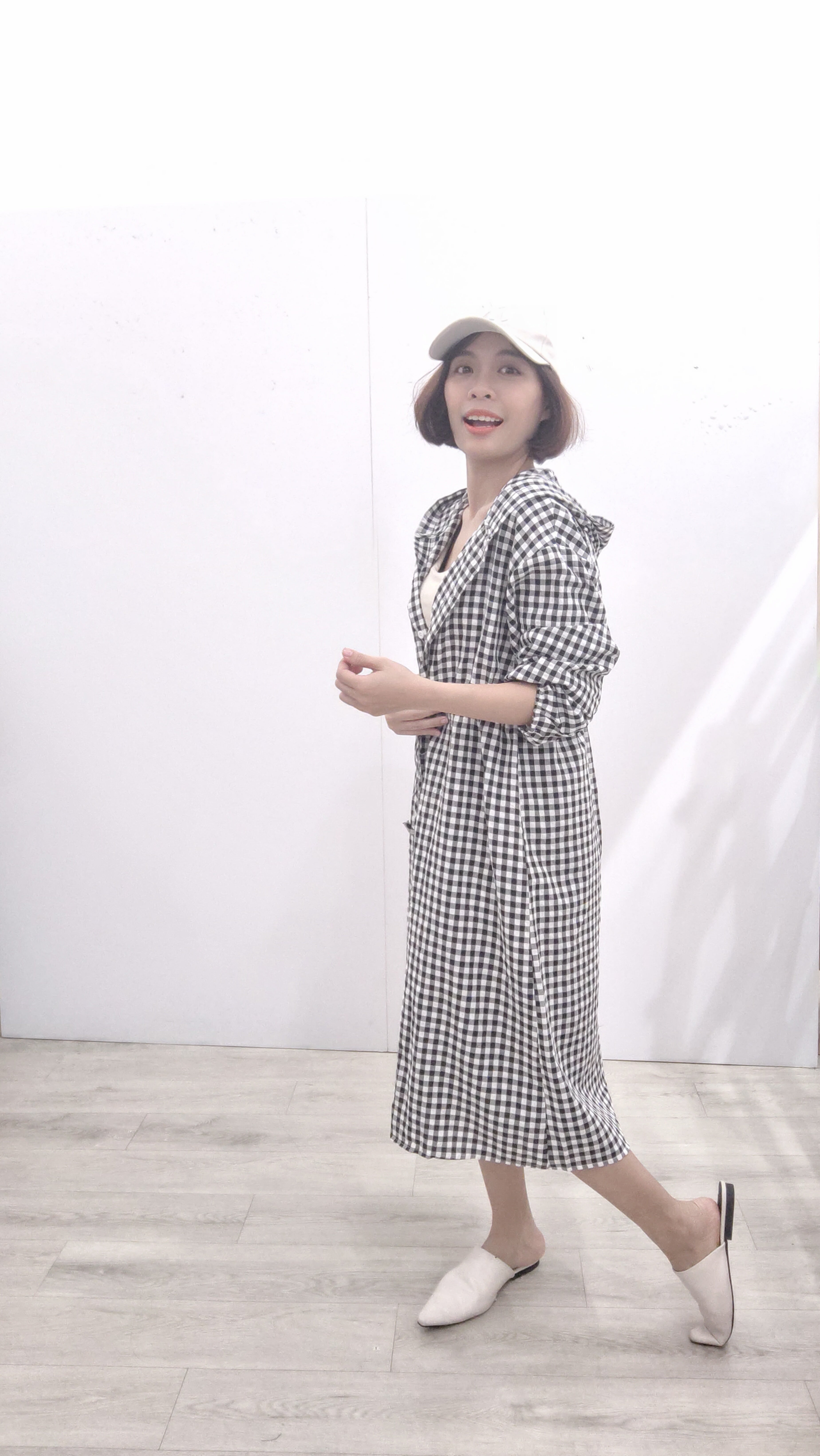 麻连帽格子收腰套裙