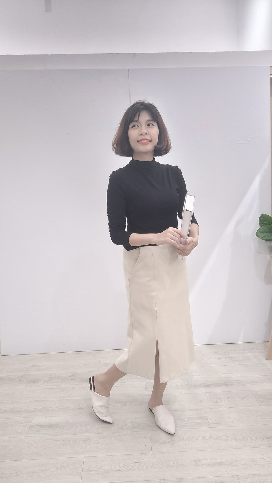 Cotton拉链高腰开叉长窄裙