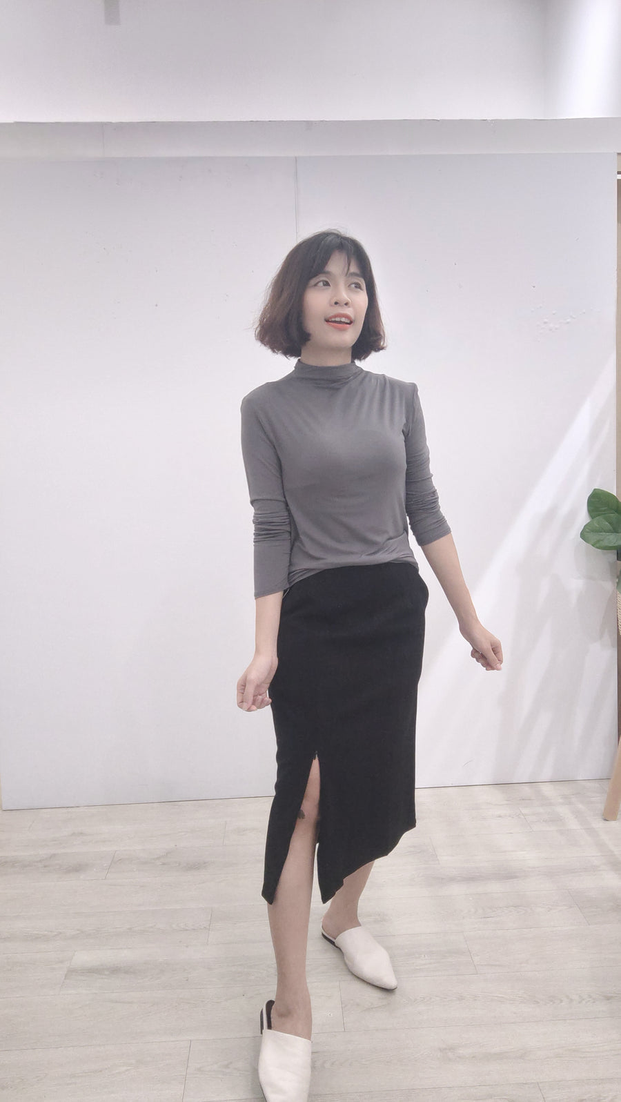 Cotton拉链高腰开叉长窄裙