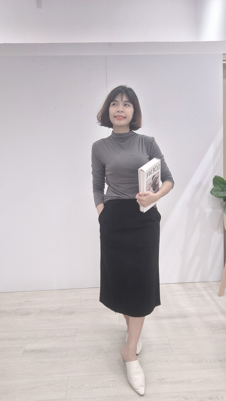 Cotton拉链高腰开叉长窄裙