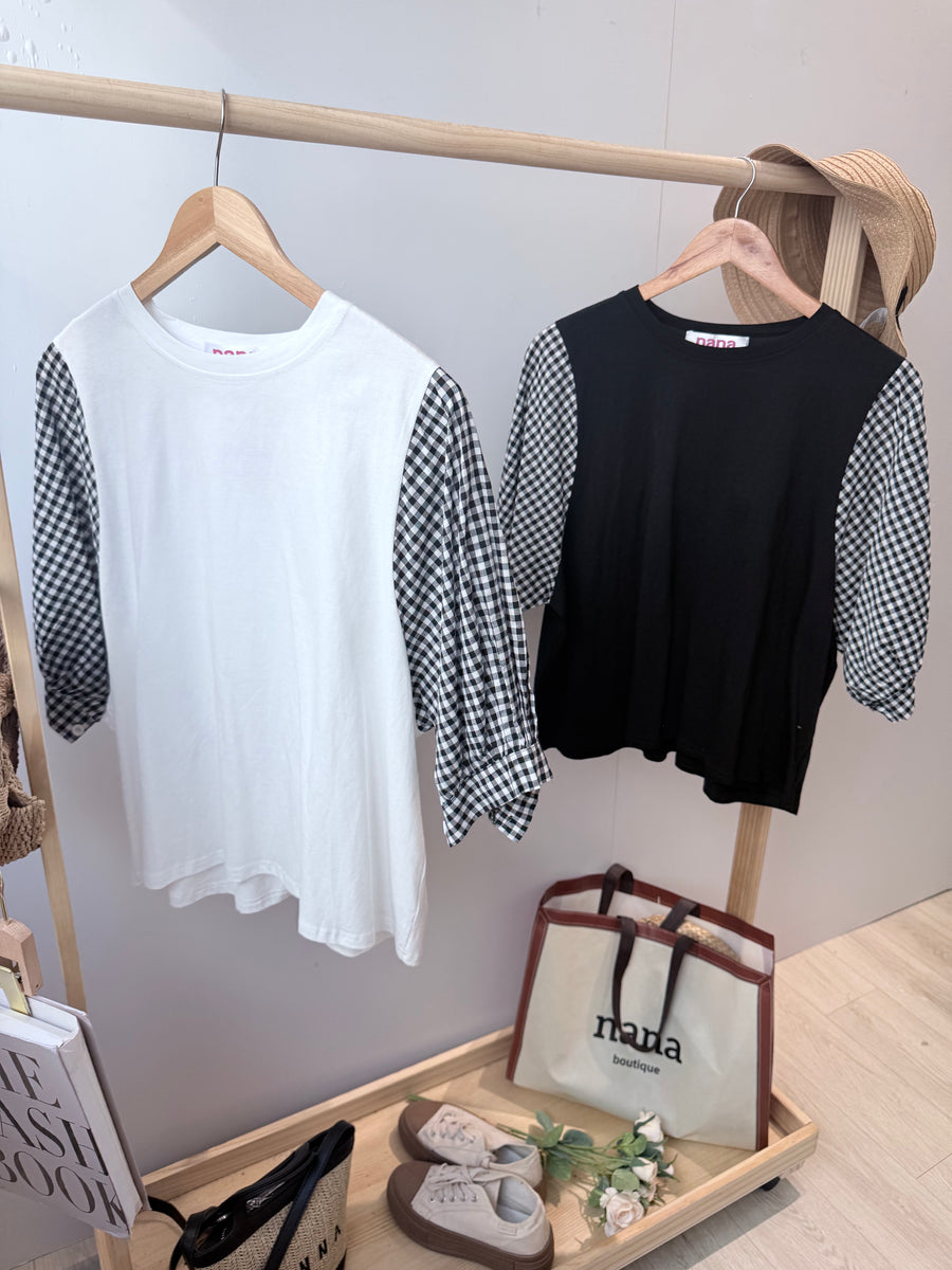 cotton并接格子上衣