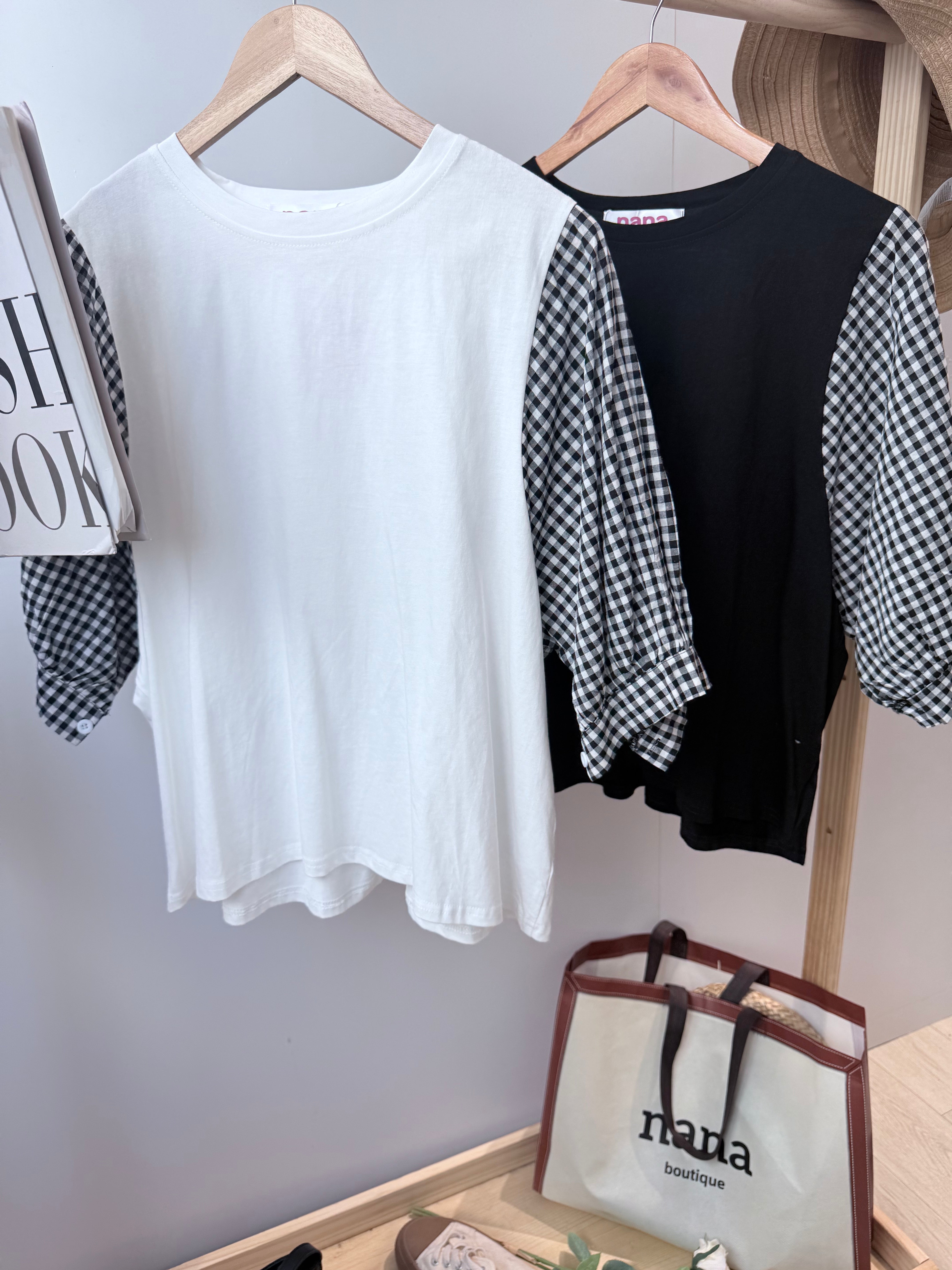 cotton并接格子上衣