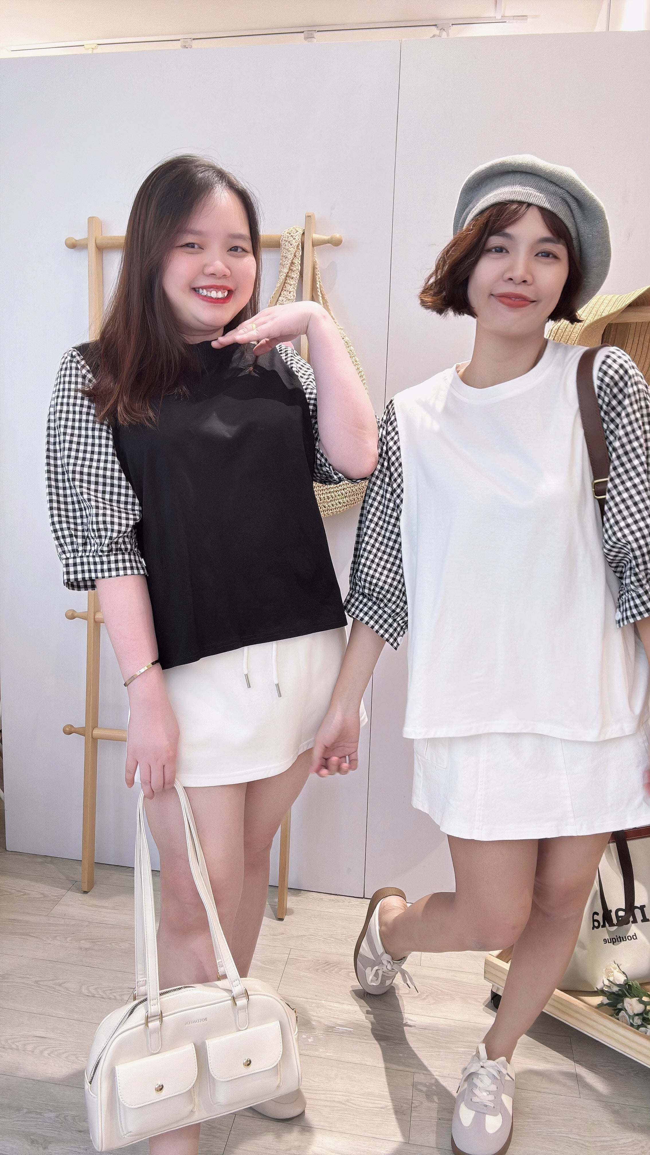 cotton并接格子上衣