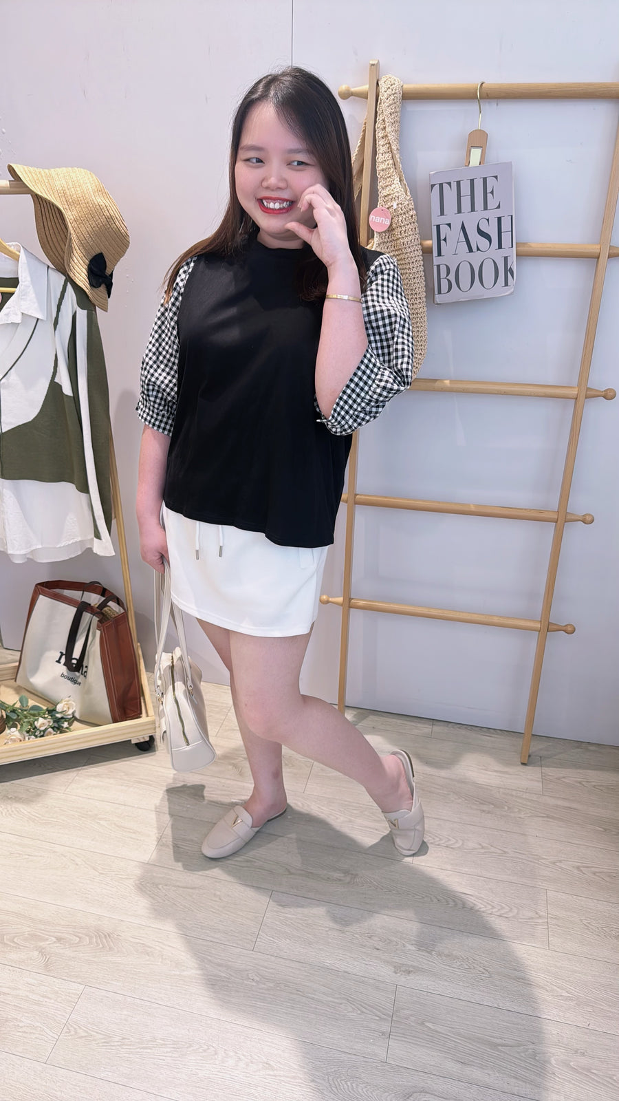 cotton并接格子上衣